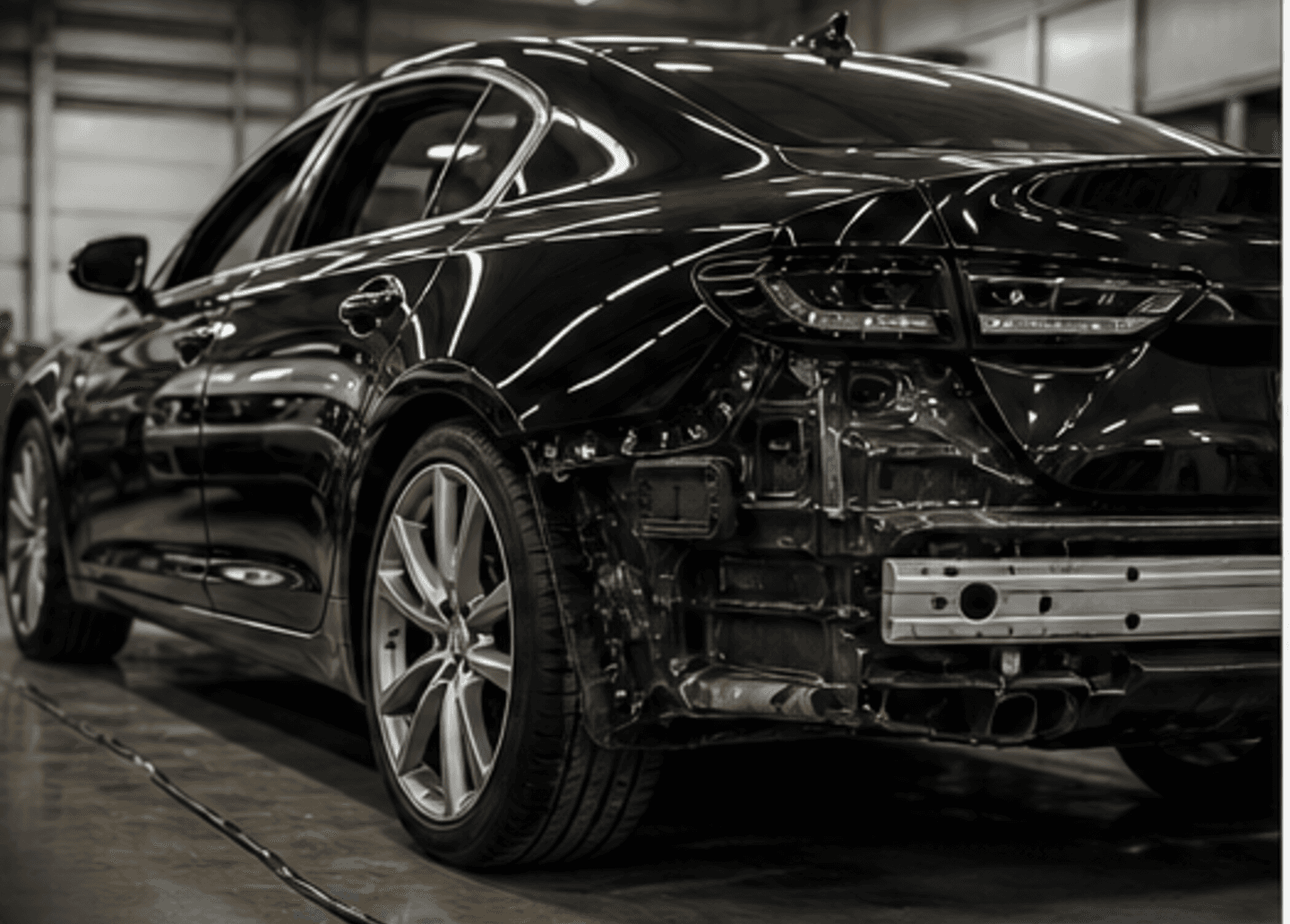 Black vehicle being repaired in an auto body shop bay